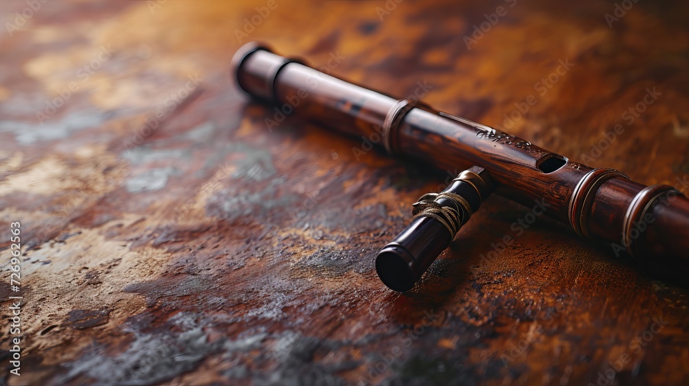 Obraz premium Artistic Representation of a Finely Crafted Wooden Flute Resting on a Textured Rustic Surface