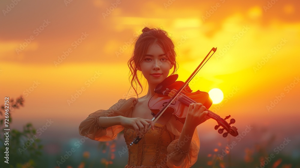 young woman playing a violin at sunrise