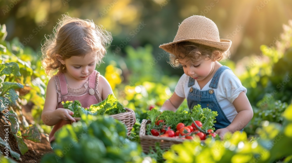 Two children picking fresh vegetables on an organic bio-farm Children do gardening and farming. Two children picking fresh vegetables on an organic bio-farm Children do gardening and farming.