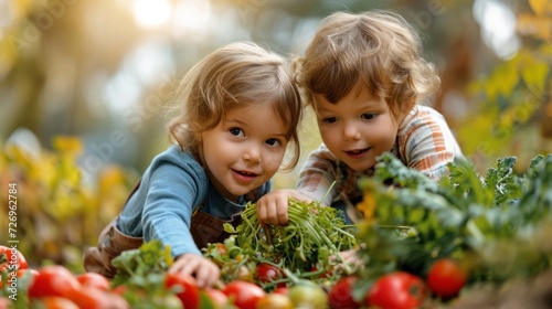 Two children picking fresh vegetables on an organic bio-farm Children do gardening and farming.