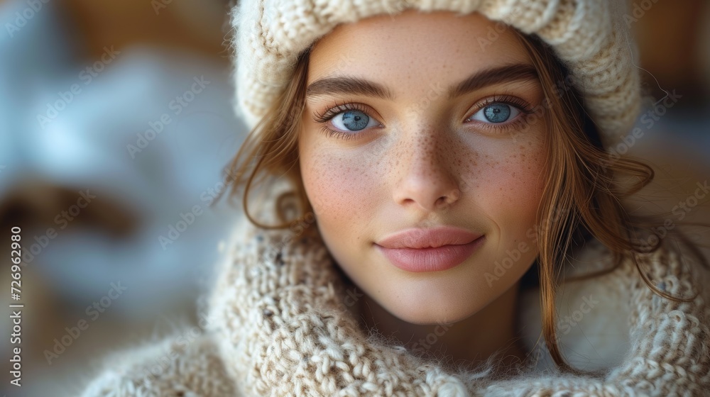 Close up portrait of a beautiful young woman in winter hat and scarf - Generative AI Close up portrait of a beautiful young woman in winter hat and scarf - Generative AI