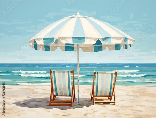 Two beach chairs and an umbrella with next to the ocean waves