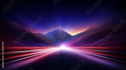 Dynamic night drive: car speed lights with glowing trail on highway road, red lane blurred effect. Vector abstract background of fast and long exposure, featuring mountains and night sky