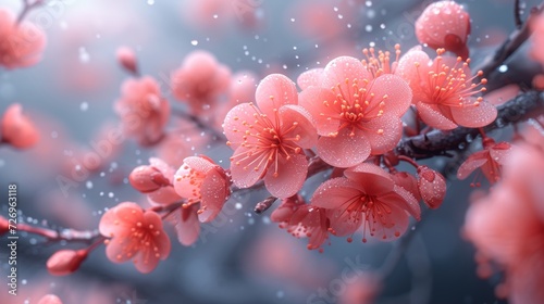 Beautiful cherry blossom with dew drops. Floral background - Generative AI