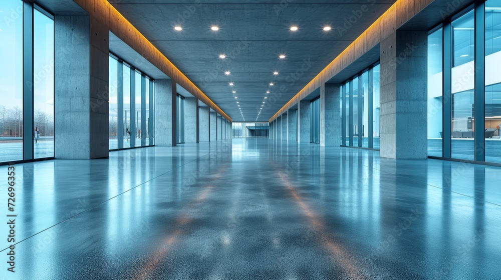 Interior of modern office building. 3d rendering toned image - Generative AI