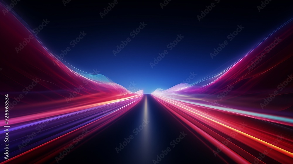 Dynamic night drive: car speed lights with glowing trail on highway road, red lane blurred effect. Vector abstract background of fast and long exposure, featuring mountains and night sky Dynamic night drive: car speed lights with glowing trail on highway road, red lane blurred effect. Vector abstract background of fast and long exposure, featuring mountains and night sky