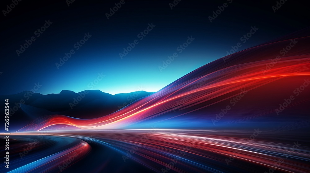 Dynamic night drive: car speed lights with glowing trail on highway road, red lane blurred effect. Vector abstract background of fast and long exposure, featuring mountains and night sky - obrazy, fototapety, plakaty 