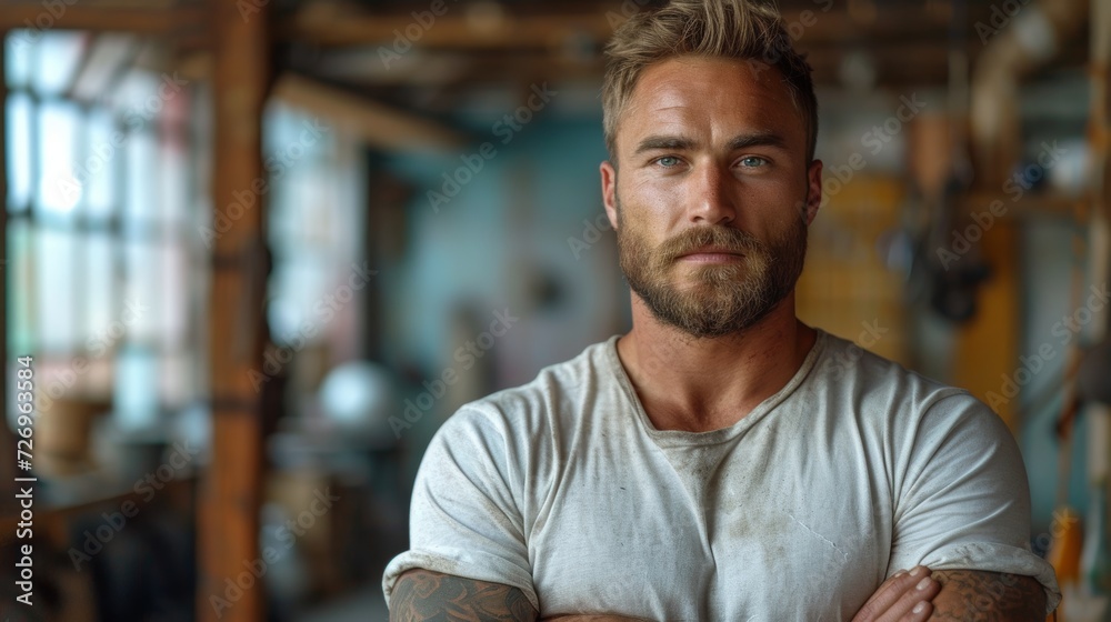 Portrait of handsome bearded man with tattooed arms looking at camera - Generative AI Portrait of handsome bearded man with tattooed arms looking at camera - Generative AI
