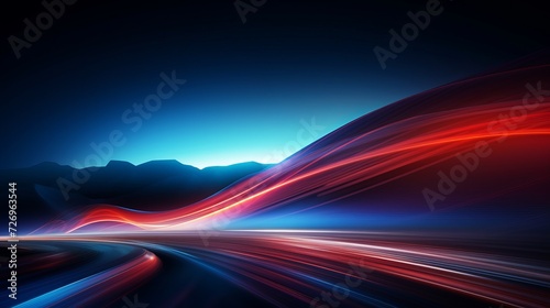 Dynamic night drive: car speed lights with glowing trail on highway road, red lane blurred effect. Vector abstract background of fast and long exposure, featuring mountains and night sky photo