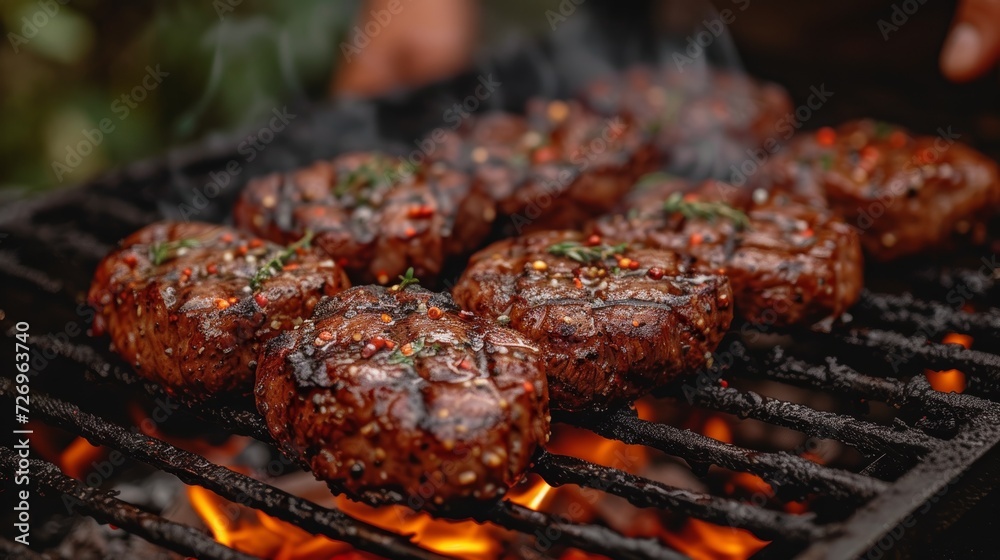 Grilling beef steaks on barbecue grill with flames and smoke. - Generative AI Grilling beef steaks on barbecue grill with flames and smoke. - Generative AI