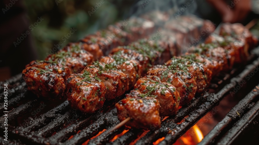 Grilling kebab on barbecue grill, close-up. - Generative AI Grilling kebab on barbecue grill, close-up. - Generative AI