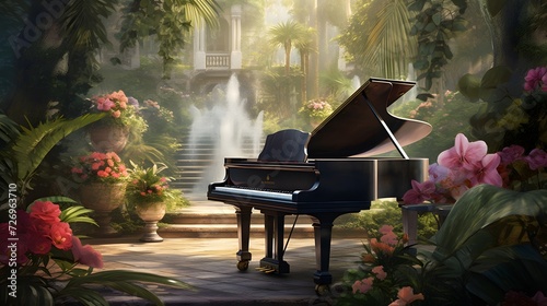 A composition featuring a grand piano in a lush garden, blending the beauty of nature with the elegance of classical music.