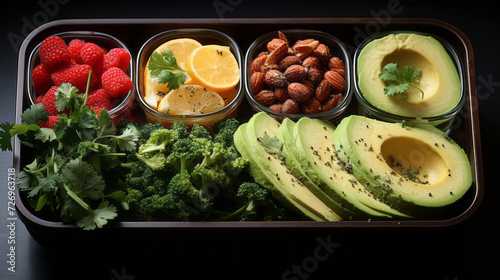 Healthy food from different components laid out in cells in a lunch box, top view.