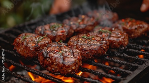 Grilling beef steaks on barbecue grill with flames and smoke. - Generative AI