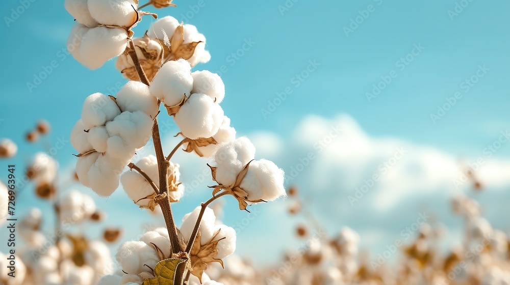 Cotton field plantation , close-up of a box of high-quality cotton against a blue sky Cotton field plantation , close-up of a box of high-quality cotton against a blue sky