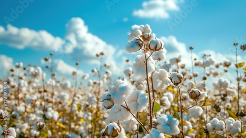 Cotton field plantation , close-up of a box of high-quality cotton against a blue sky