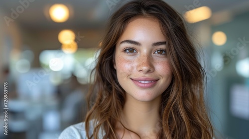 Portrait of a beautiful young woman smiling at the camera in a restaurant - Generative AI