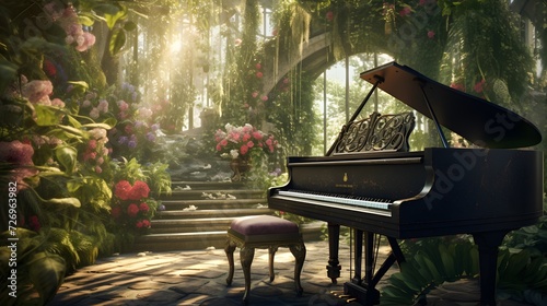 A composition featuring a grand piano in a lush garden, blending the beauty of nature with the elegance of classical music.