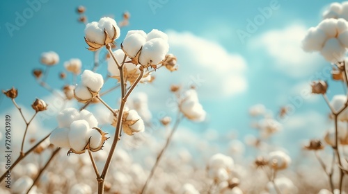 Cotton field plantation , close-up of a box of high-quality cotton against a blue sky © Jennifer