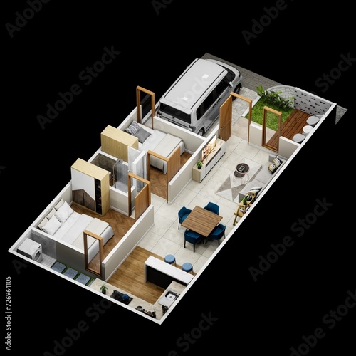 Floor plan of a house top view 3D illustration. Minimalist house 72 sqm with 2 bedrooms