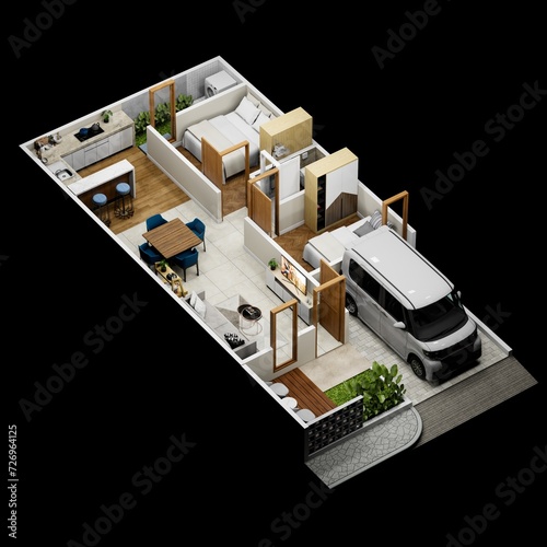 Floor plan of a house top view 3D illustration. Minimalist house 72 sqm with 2 bedrooms