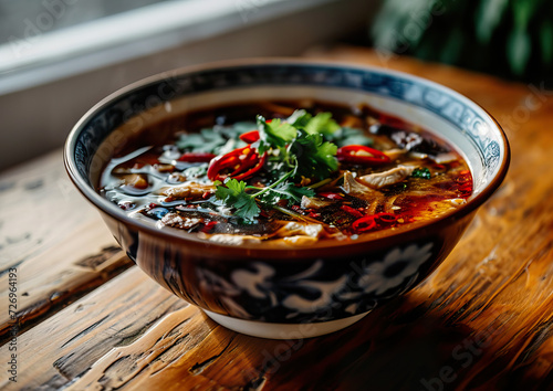 Hot and Sour Soup, Chinese cuisine, angle view, ultra realistic food photography