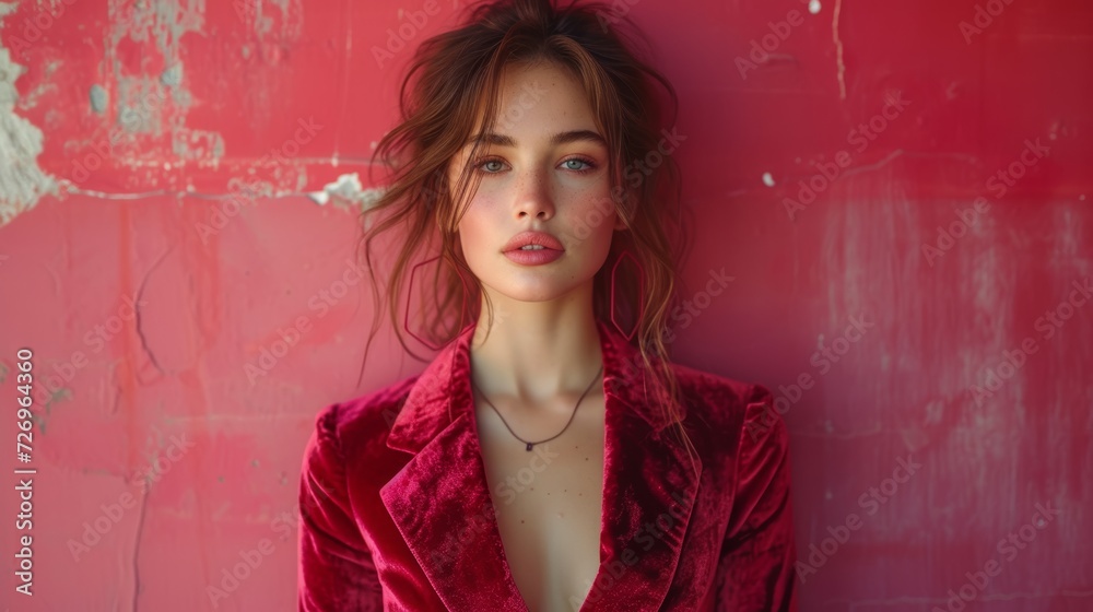 Fashion portrait of a beautiful girl in a red jacket on a pink background - Generative AI Fashion portrait of a beautiful girl in a red jacket on a pink background - Generative AI