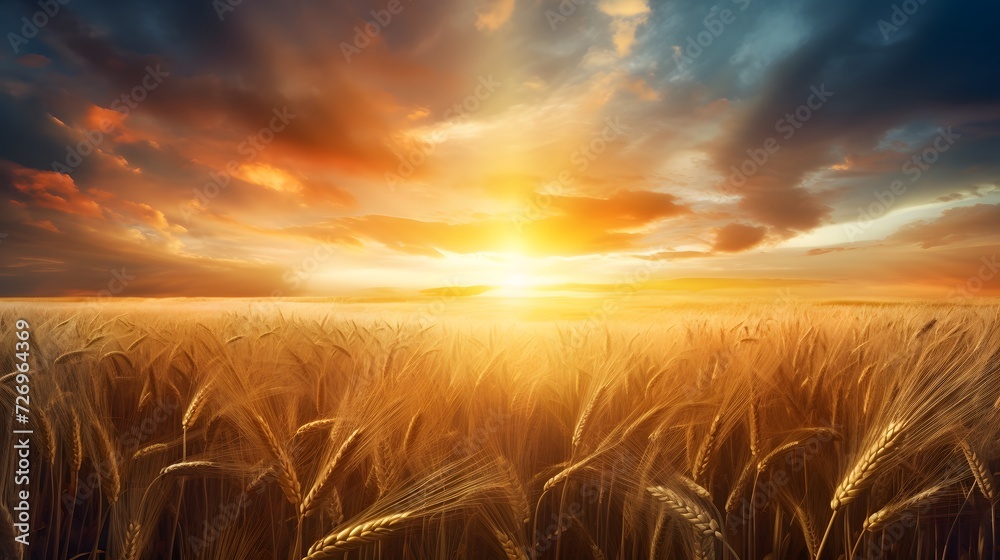 A stunning sunrise over a field of wheats, symbolizing the new beginnings and blessings - obrazy, fototapety, plakaty 