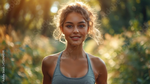 Portrait of a beautiful young woman in sportswear posing in the park. - Generative AI