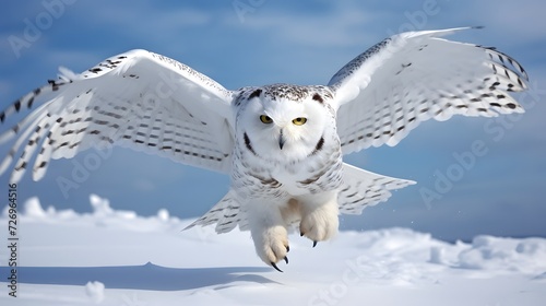 Close-up view of flying white Snow Owl in snow in wild in Winter.Close-up view of flying white Snow Owl in snow in wild in Winter.