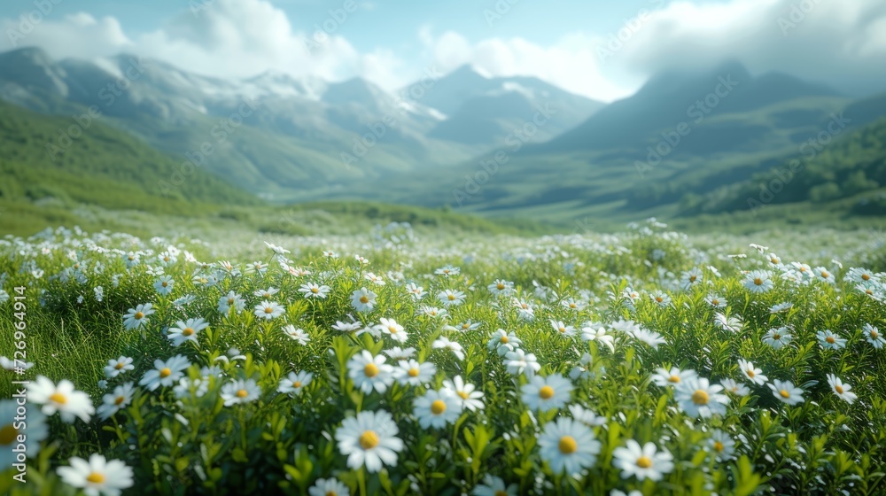 beautiful meadow with camomiles in the mountains. 3d rendering - Generative AI