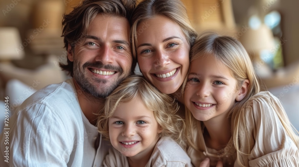 Portrait of happy family with two daughters looking at camera and smiling - Generative AI Portrait of happy family with two daughters looking at camera and smiling - Generative AI