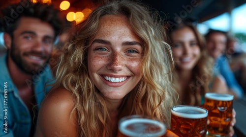 Portrait of a young woman drinking beer with friends in the background - Generative AI