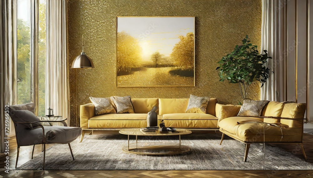 a visually stunning 3D wallpaper showcasing a gold wall poster mockup in a modern living room setting. The house background adds depth and realism, creating an inviting interior design. a visually stunning 3D wallpaper showcasing a gold wall poster mockup in a modern living room setting. The house background adds depth and realism, creating an inviting interior design.