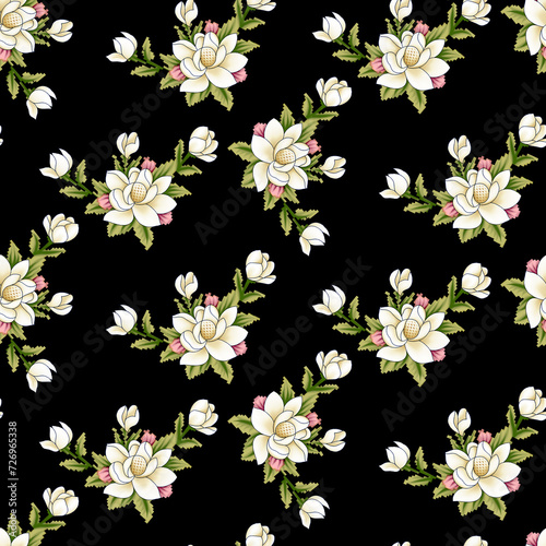 Hand drawn floral pattern blossom flowers seamless background. Ornament for clothes, textiles, interior, gift wrapping, postcards, invitations