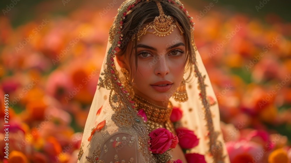 Portrait of a young beautiful indian woman in traditional dress in tulip field - Generative AI