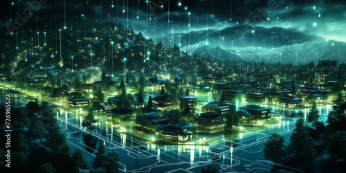 Eco-Friendly Smart City at Night with Glowing Green Energy Lines and Advanced Sustainable Technology Infrastructure