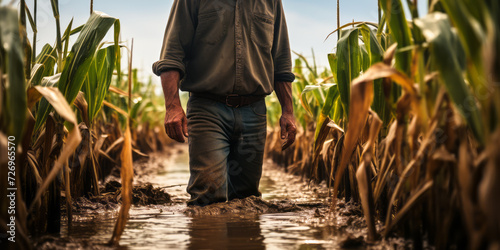 Murais de parede Farmer standing in a flooded cornfield, reflecting on climate change's impact on