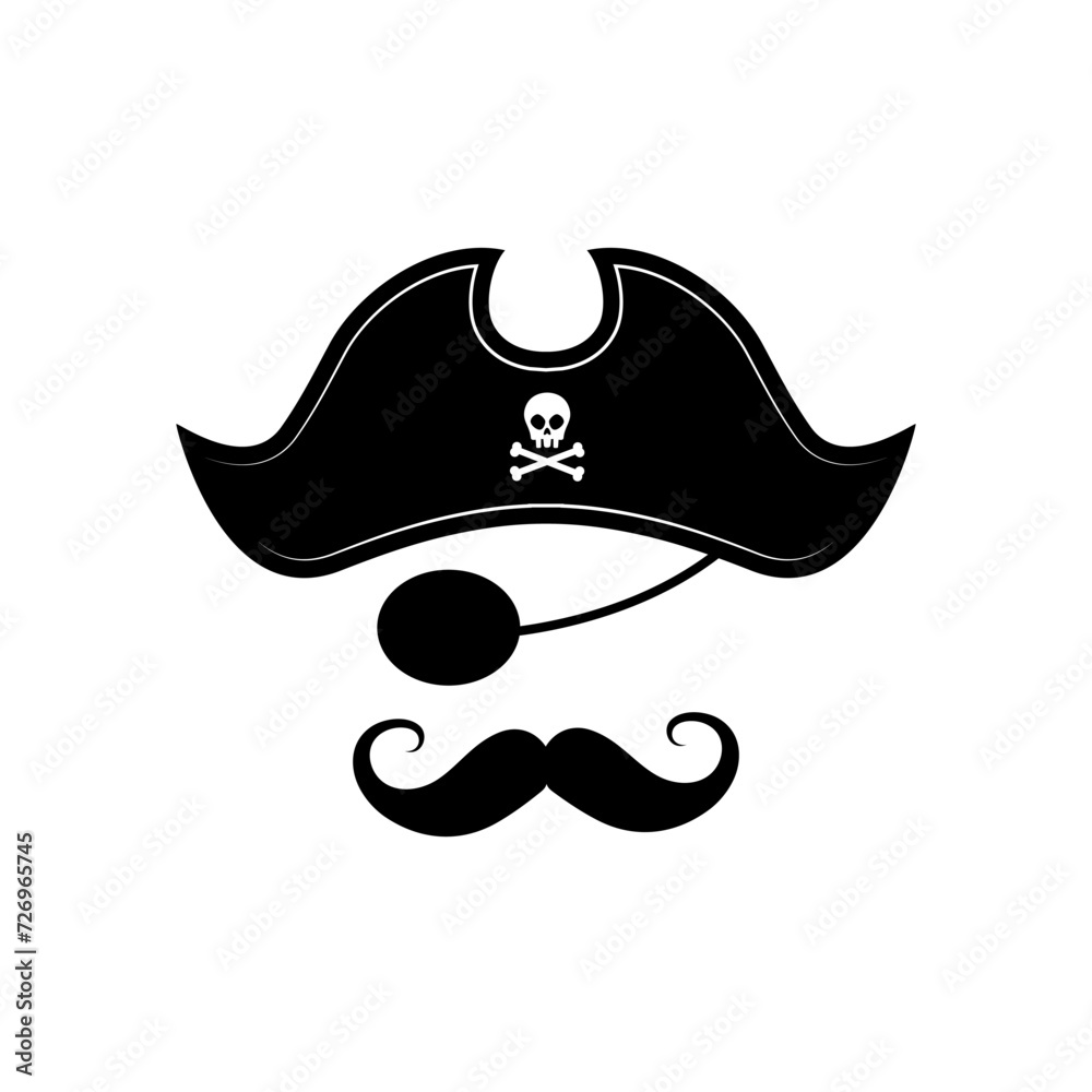 silhouette of the captain of a pirate ship in a hat with a skull and crossbones. Bearded pirate in a hat