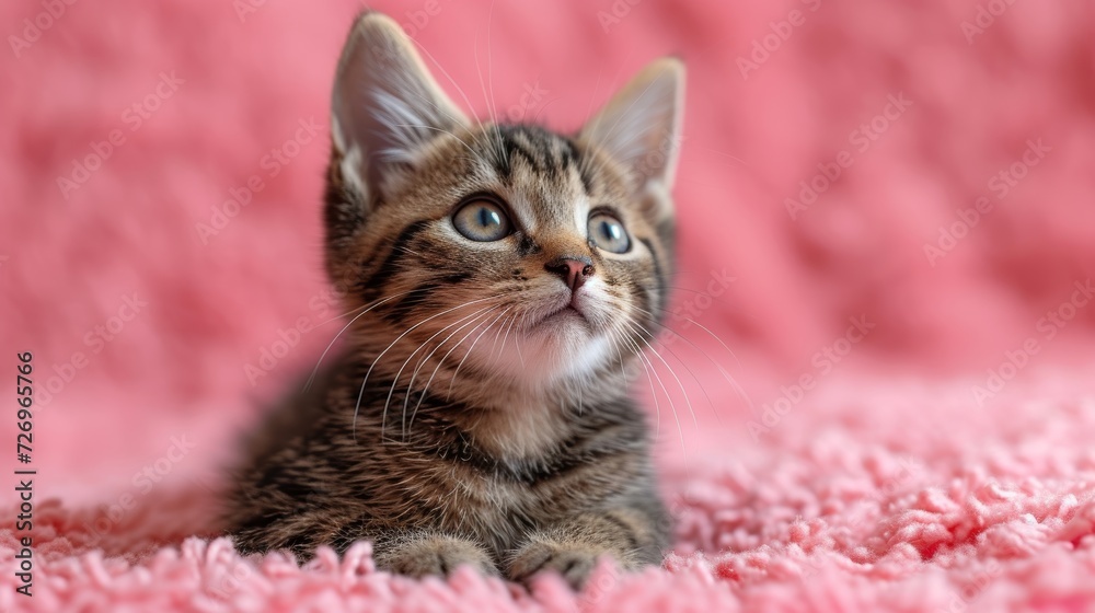 Cute little kitten on pink blanket, closeup. Adorable pet - Generative AI