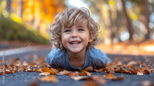 Portrait of a smiling little boy lying on the ground in autumn park - Generative AI