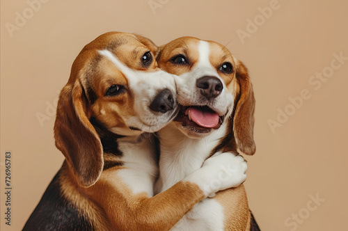 studio portrait of two dogs hugging. happy beagle dog on beige background. Love, relationship, funny