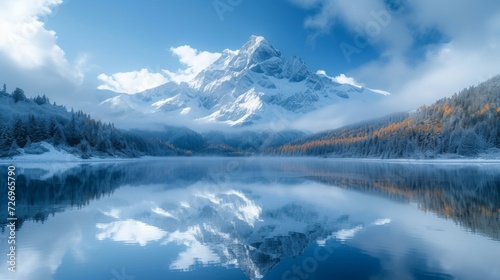 Mountain lake with reflection in the water and snow-capped peaks. - Generative AI © AlexandraRooss