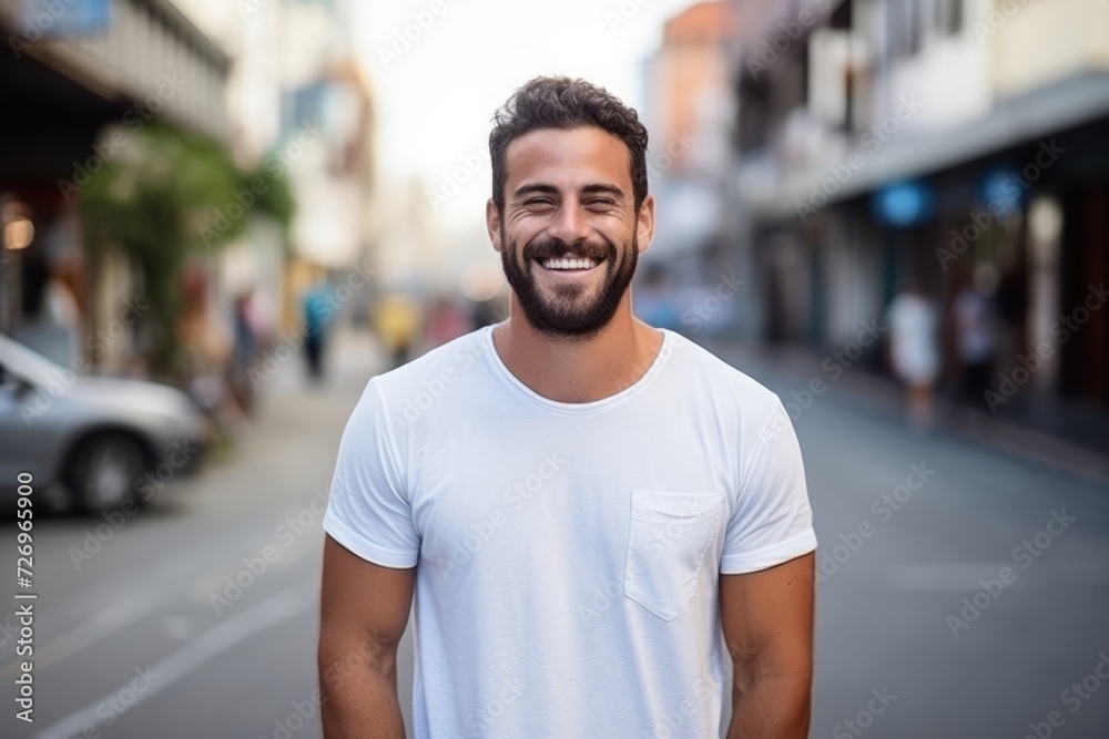 Portrait of a handsome young man smiling at the camera in the city Portrait of a handsome young man smiling at the camera in the city