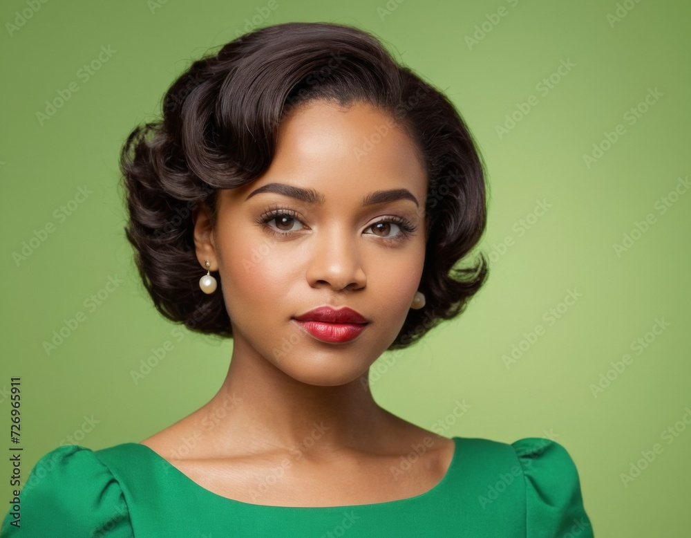 Portrait of a young African American woman in a green dress. AI generation