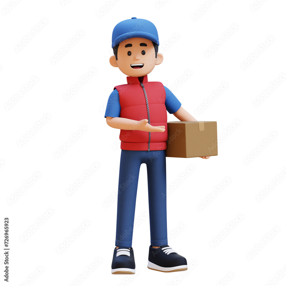 3D Delivery Man Character Presenting to the Left Pose with Parcel Box 3D Delivery Man Character Presenting to the Left Pose with Parcel Box
