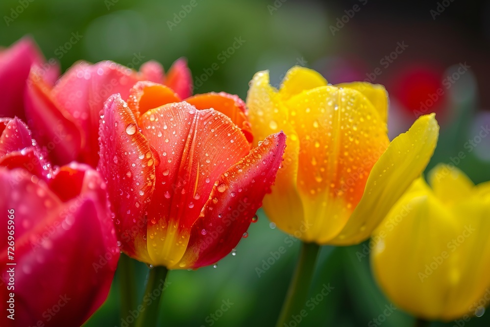 Vibrant Red and Yellow Tulips With Dew Drops on Petals Vibrant Red and Yellow Tulips With Dew Drops on Petals