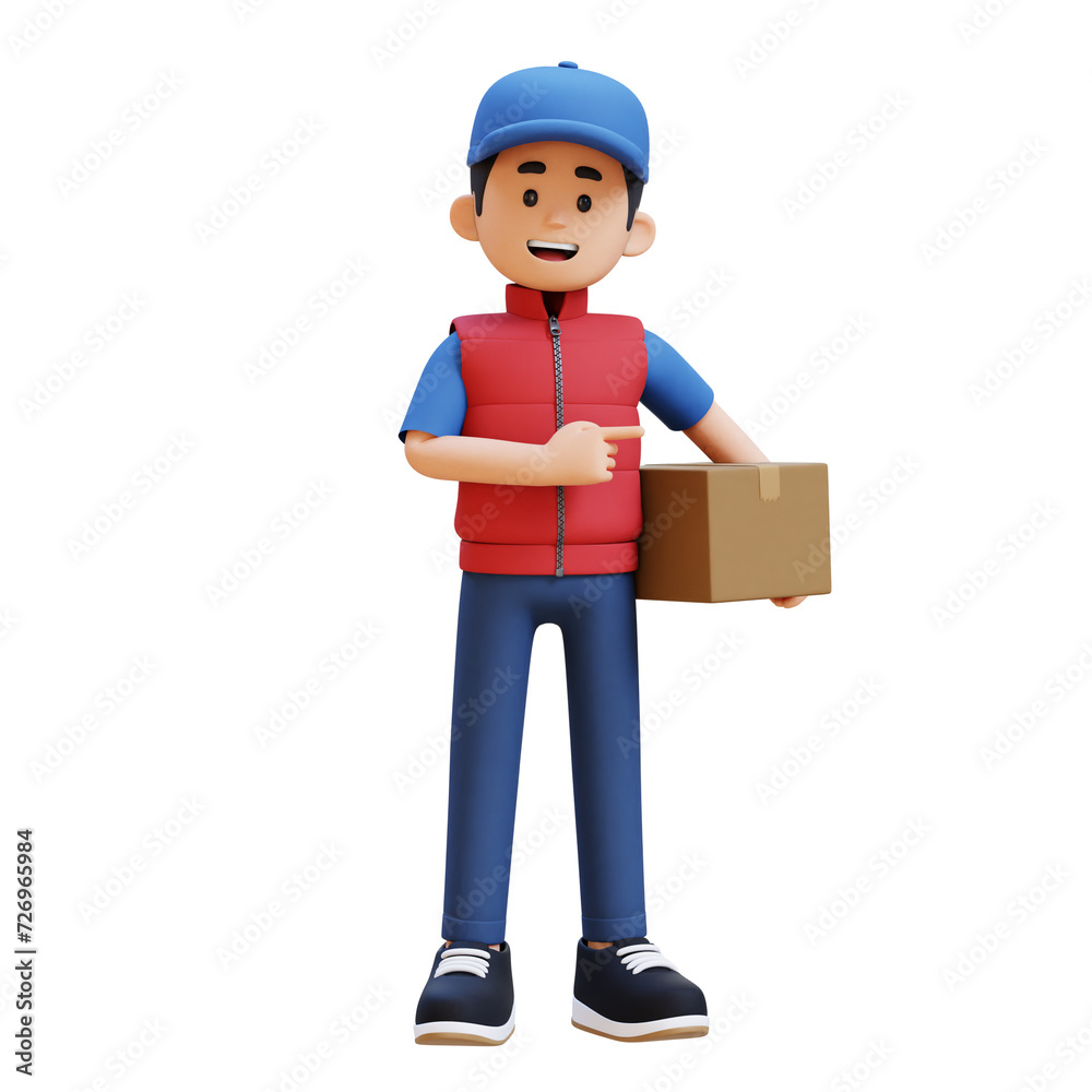 3D Delivery Man Character Pointing to the Left Pose with Parcel Box 3D Delivery Man Character Pointing to the Left Pose with Parcel Box