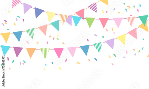 Colorful party flag and confetti illustration, Carnival card or banner with typography design, Celebrate pastel flag, Concept of birthday, holiday and decoration. 
