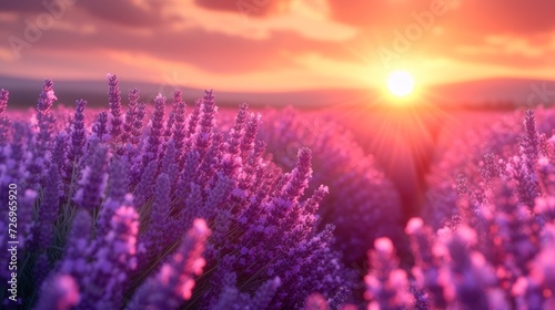 Sunset over lavender field. Beautiful summer landscape. Nature background - Generative AI